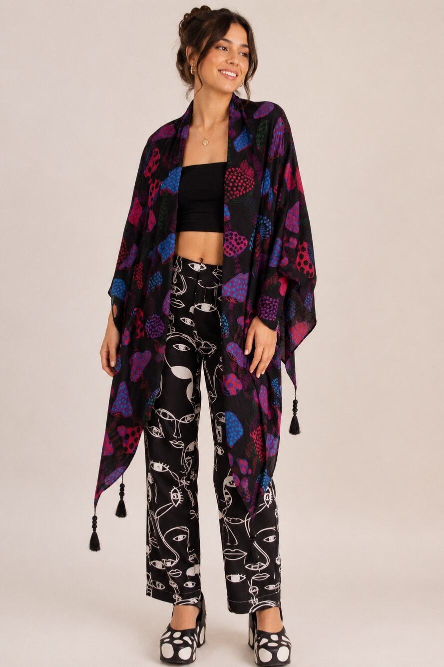 Farm Rio Mushroom Print Tassel Shawl Wrap Scarf | NWOT |